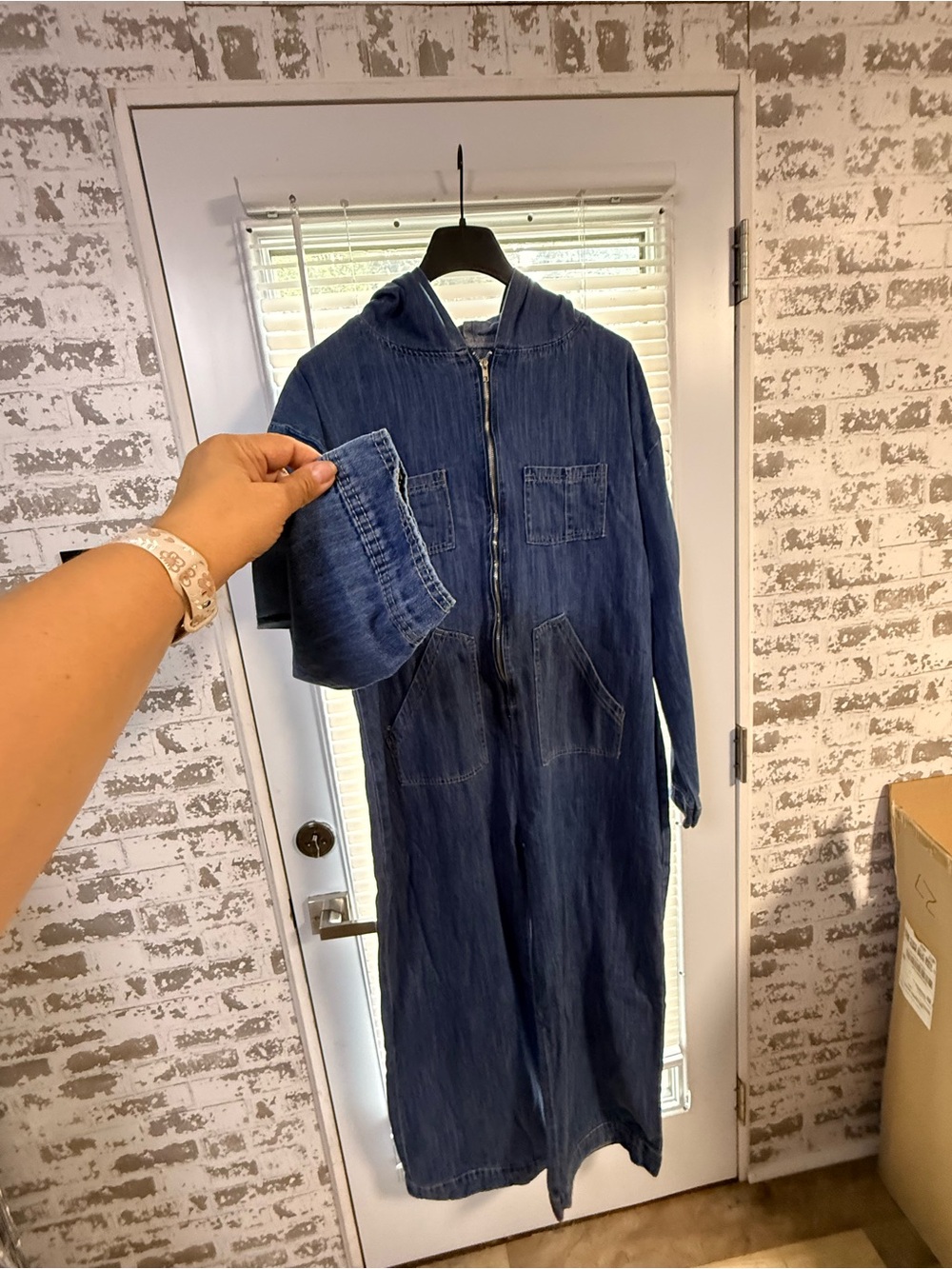 Denim Hooded Zip-Front Jumpsuit in Deep Blue - Picture 7 of 10